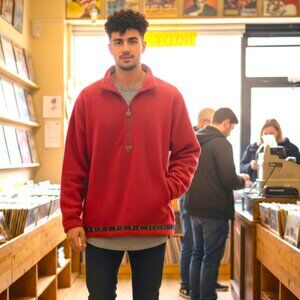 Vintage Y2K Pullover‎ Mens Small Red 1/2 Zip Fleece Celestial Sun Moon Trim